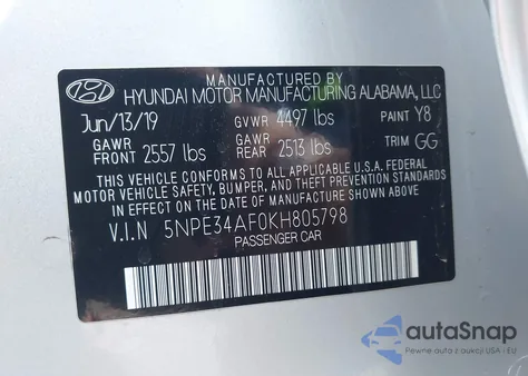 2019 Hyundai Sonata Sel z USA, uszkodzony, nr VIN 5NPE34AF0KH805798